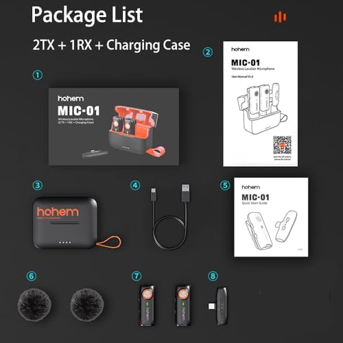 hohem MIC-01 Wireless Lavalier Microphone, 3-Level Noise Cancelling Built-in TF Card Slot Remote Shutter Control Clip On/Magnet Mic for Smartphone Camera Laptop Tablet