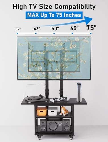 KAMIWI Tall TV Stand with Storage, Entertainment Center with TV Mount UP to 75 inch, Rolling TV Stand on Lockable Wheels for Bedroom, Living Room, Kitchen,Outdoor