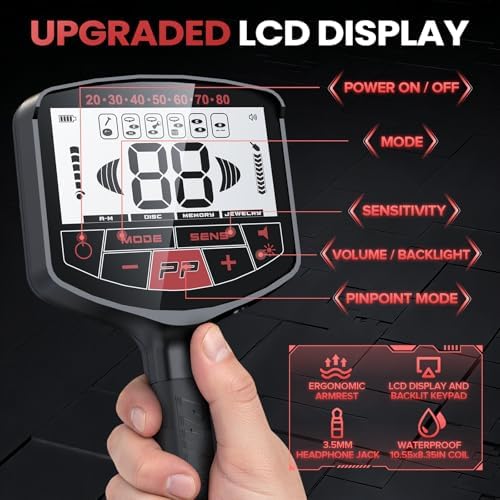PANCKY High Accuracy Metal Detector for Adults – Collapsible, Lightweight &amp; IP68 Waterproof Search Coil with 10.55” Large Coil, 5 Modes &amp; Backlit LCD, Gold &amp; Relic Detector Kit, PK1098 (Red)