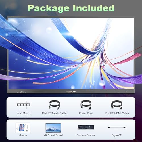 COOLHOOD 65" Smart Board, 4K UHD Touchscreen Interactive Digital Whiteboard Display, Electronic All-in-One Computer for Classroom Office Home Business w/Open App Ecosystem (Board &amp; Wall Mount Only)