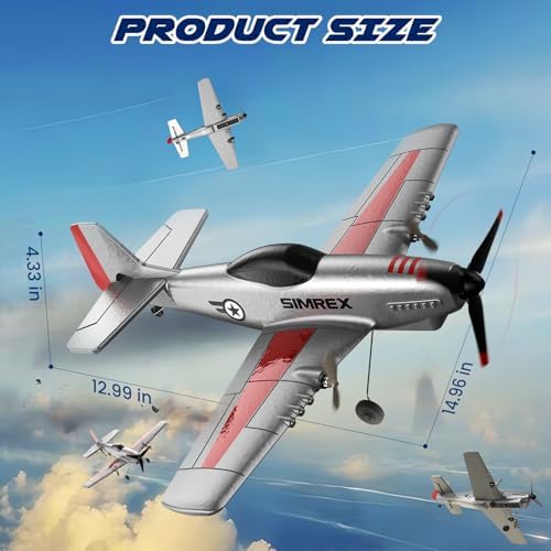 SIMREX RC Plane for Kids &amp; Beginners - P51 Foam Glider, 2.4GHz 3-Channel Remote Control Airplane Toy with 6-Axis Gyro, Easy to Fly RC Airplane for Outdoor Park Play - Gift for Boys &amp; Girls