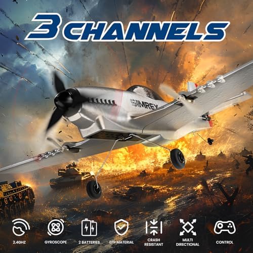 SIMREX RC Plane for Kids &amp; Beginners - P51 Foam Glider, 2.4GHz 3-Channel Remote Control Airplane Toy with 6-Axis Gyro, Easy to Fly RC Airplane for Outdoor Park Play - Gift for Boys &amp; Girls