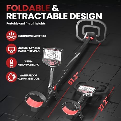 PANCKY High Accuracy Metal Detector for Adults – Collapsible, Lightweight &amp; IP68 Waterproof Search Coil with 10.55” Large Coil, 5 Modes &amp; Backlit LCD, Gold &amp; Relic Detector Kit, PK1098 (Red)