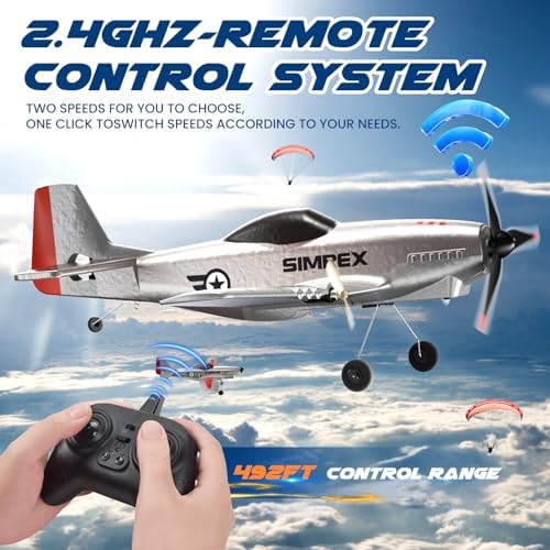 SIMREX RC Plane for Kids &amp; Beginners - P51 Foam Glider, 2.4GHz 3-Channel Remote Control Airplane Toy with 6-Axis Gyro, Easy to Fly RC Airplane for Outdoor Park Play - Gift for Boys &amp; Girls