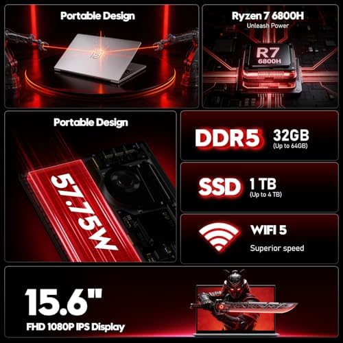 FUNYET 2026 Gaming Laptop, 15.6 Inch Laptop Computer Window 11 Pro, 32GB RAM 1TB SSD, AMD Ryzen 7 6800H(up to 4.7GHz), 2-Year Warranty, FHD 1920 * 1080, Backlit Keyboard for Gaming, Video Editing
