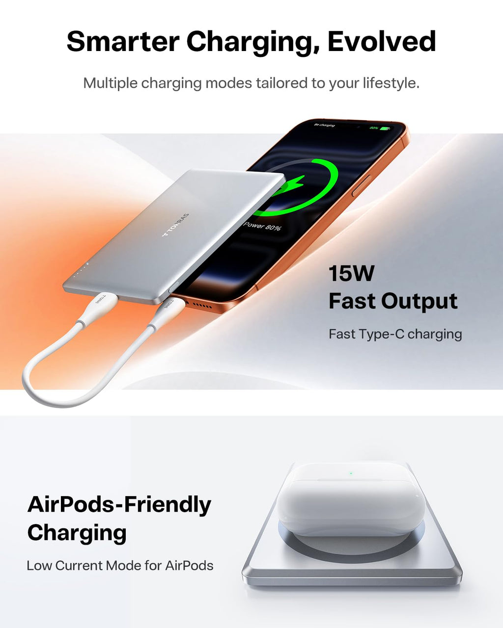 TORRAS MiniMag Power Bank, Ultra Slim 5,000mAh Wireless Portable Charger with USB-C Cable, Fast Charging iPhone Air Magnetic Battery Pack, Compatible for iPhone 17/16/15/14/13/12, Glacier Gray