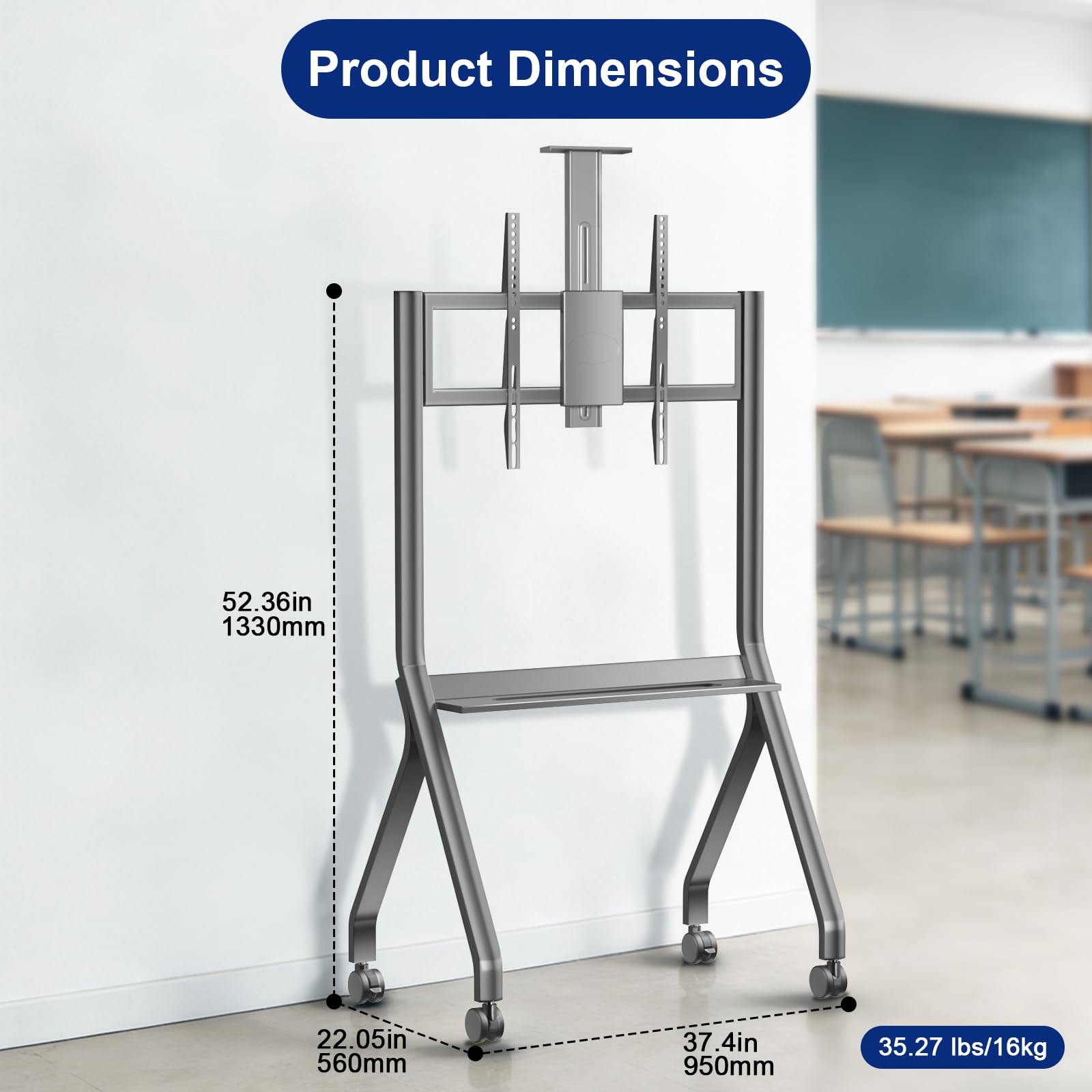 43-65" Height Adjustable Mobile Stand for Smart Boards | with 4 Lockable Wheels & Universal Mount | Versatile Classroom, Home, Office Whiteboard Stand - Heavy-Duty Steel Frame