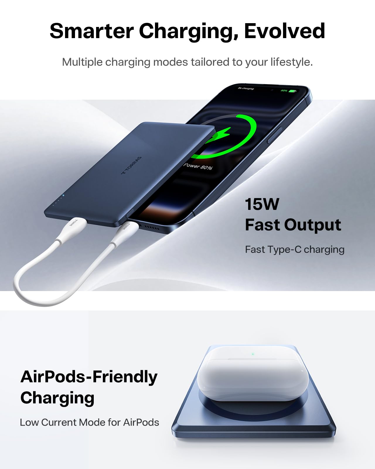 TORRAS MiniMag Power Bank, Ultra Slim 5,000mAh Wireless Portable Charger with USB-C Cable, Fast Charging iPhone Air Magnetic Battery Pack, Compatible for iPhone 17/16/15/14/13/12, Glacier Gray