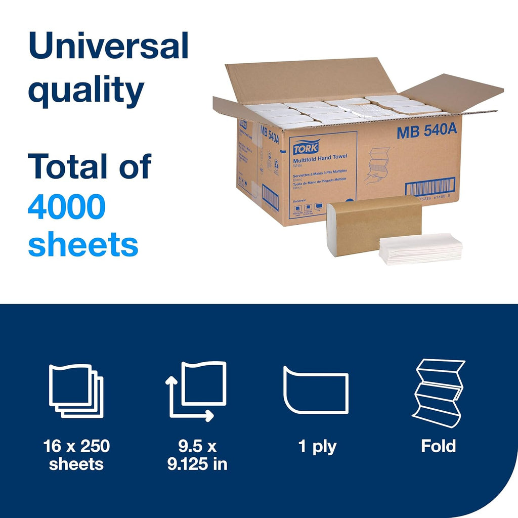 Tork Multifold Hand Towel White H2, Universal, 100% Recycled Fibers, 16 x 250 Towels, MB540A