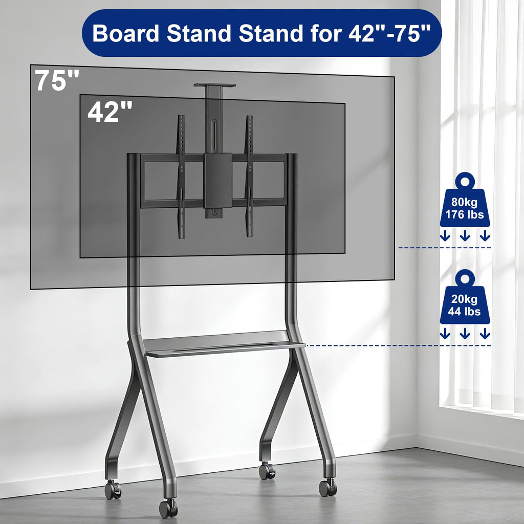 43-65" Height Adjustable Mobile Stand for Smart Boards | with 4 Lockable Wheels & Universal Mount | Versatile Classroom, Home, Office Whiteboard Stand - Heavy-Duty Steel Frame