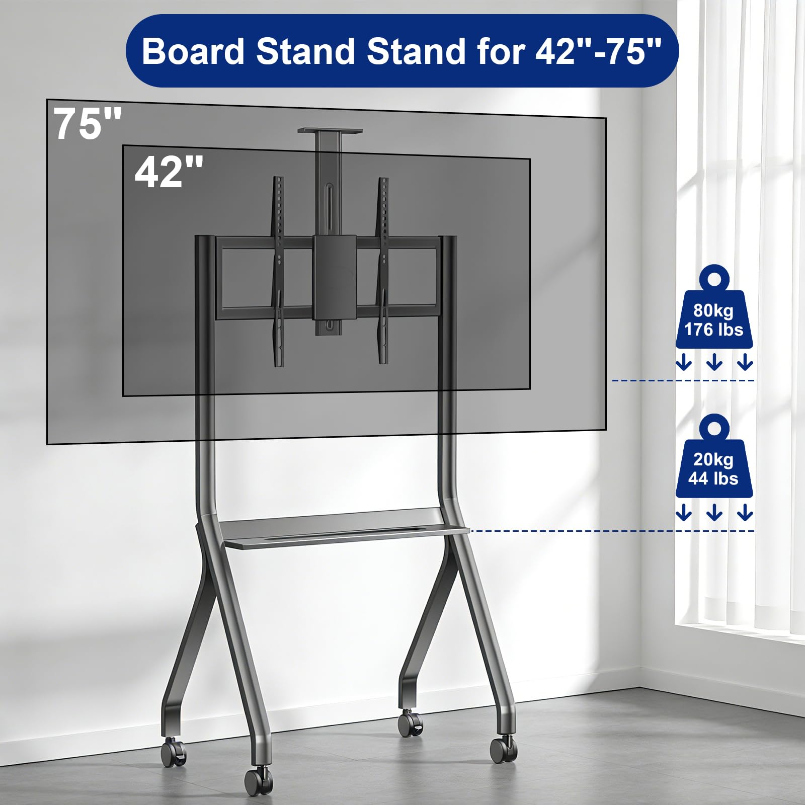 43-65" Height Adjustable Mobile Stand for Smart Boards | with 4 Lockable Wheels & Universal Mount | Versatile Classroom, Home, Office Whiteboard Stand - Heavy-Duty Steel Frame