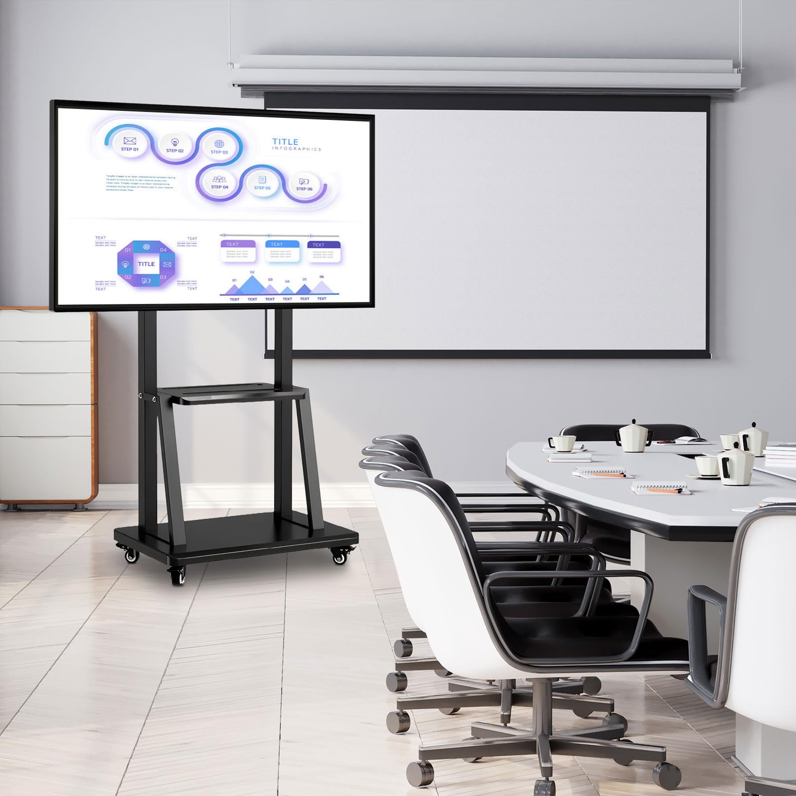 43-65" Height Adjustable Mobile Stand for Smart Boards | with 4 Lockable Wheels & Universal Mount | Versatile Classroom, Home, Office Whiteboard Stand - Heavy-Duty Steel Frame