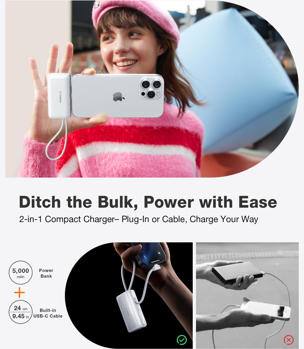 TORRAS MiniMag Power Bank, Ultra Slim 5,000mAh Wireless Portable Charger with USB-C Cable, Fast Charging iPhone Air Magnetic Battery Pack, Compatible for iPhone 17/16/15/14/13/12, Glacier Gray