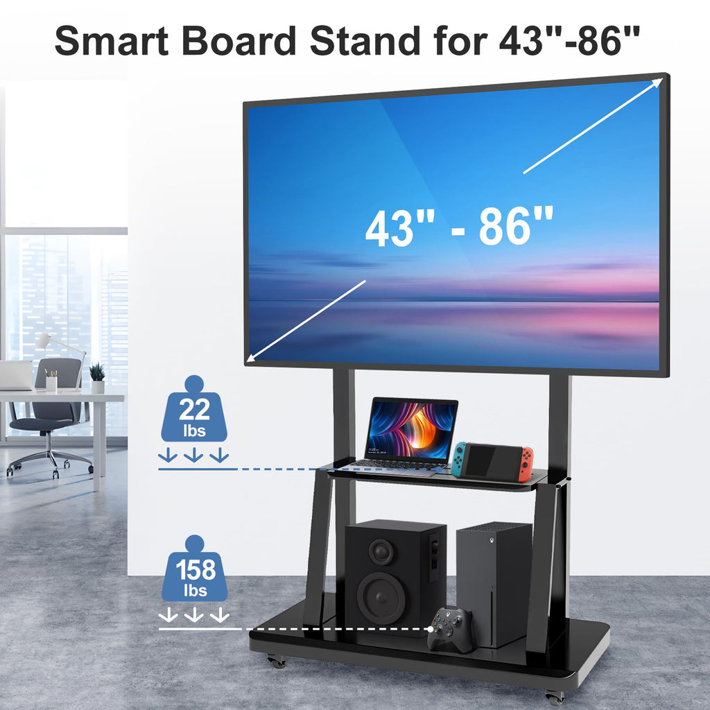 43-65" Height Adjustable Mobile Stand for Smart Boards | with 4 Lockable Wheels & Universal Mount | Versatile Classroom, Home, Office Whiteboard Stand - Heavy-Duty Steel Frame