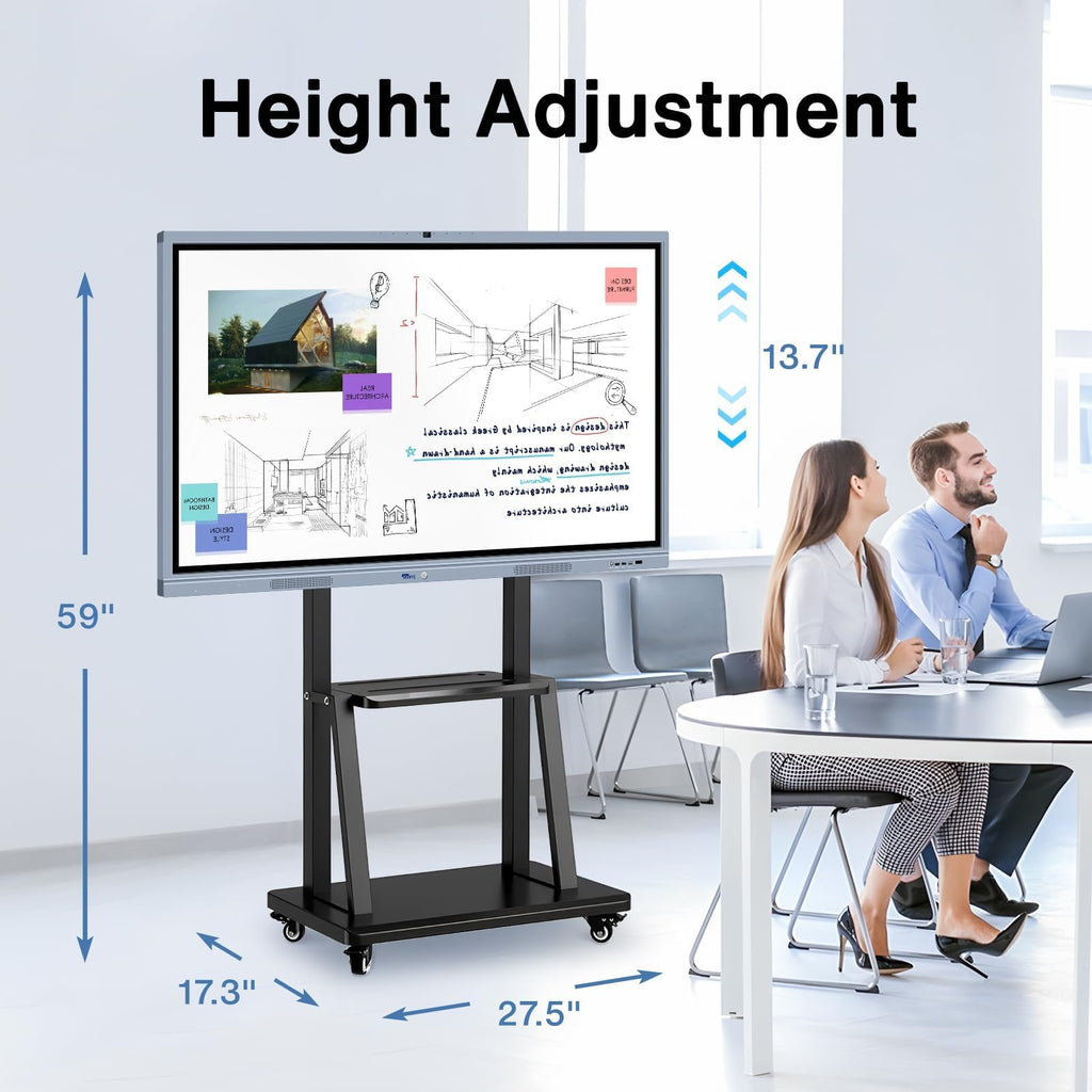 43-65" Height Adjustable Mobile Stand for Smart Boards | with 4 Lockable Wheels & Universal Mount | Versatile Classroom, Home, Office Whiteboard Stand - Heavy-Duty Steel Frame