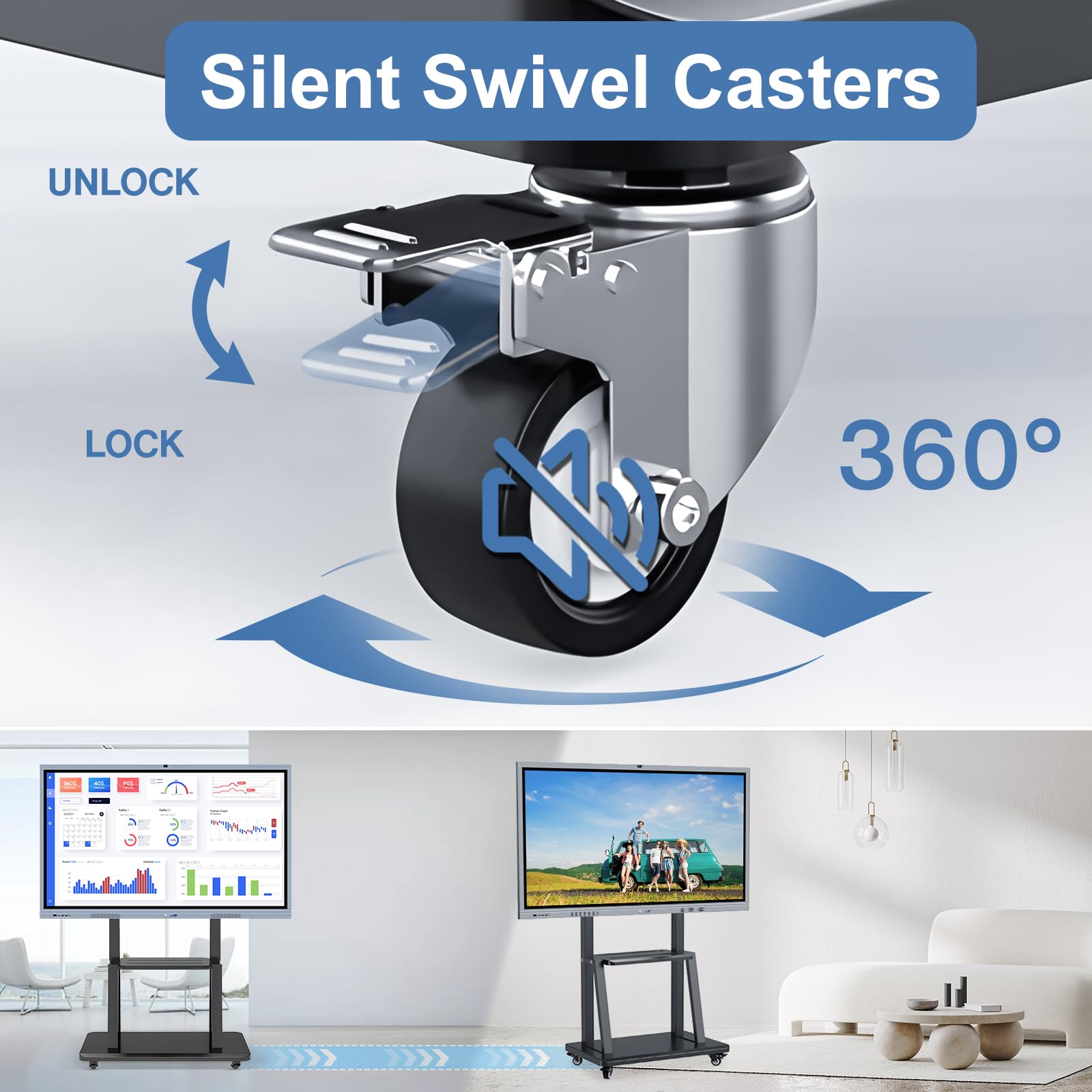 43-65" Height Adjustable Mobile Stand for Smart Boards | with 4 Lockable Wheels & Universal Mount | Versatile Classroom, Home, Office Whiteboard Stand - Heavy-Duty Steel Frame