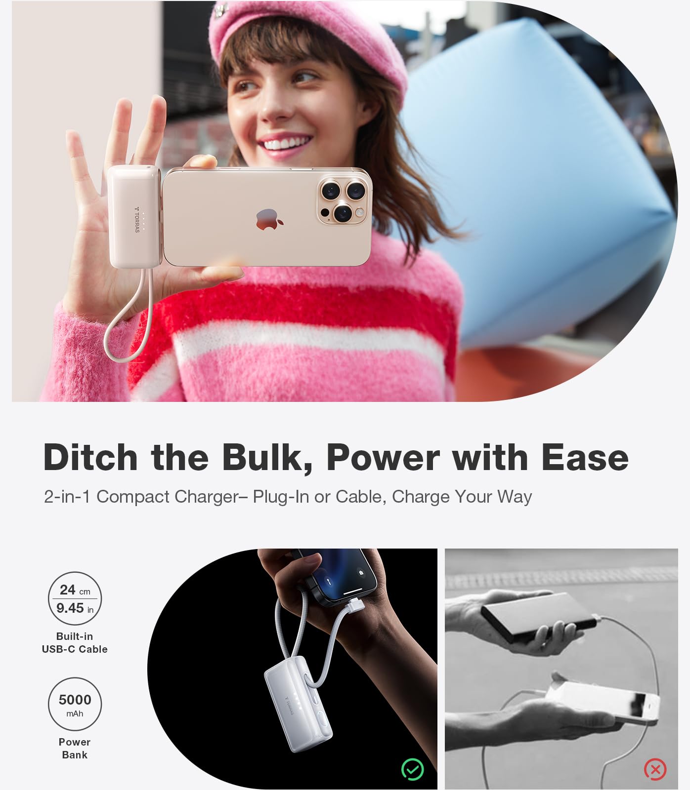 TORRAS MiniMag Power Bank, Ultra Slim 5,000mAh Wireless Portable Charger with USB-C Cable, Fast Charging iPhone Air Magnetic Battery Pack, Compatible for iPhone 17/16/15/14/13/12, Glacier Gray