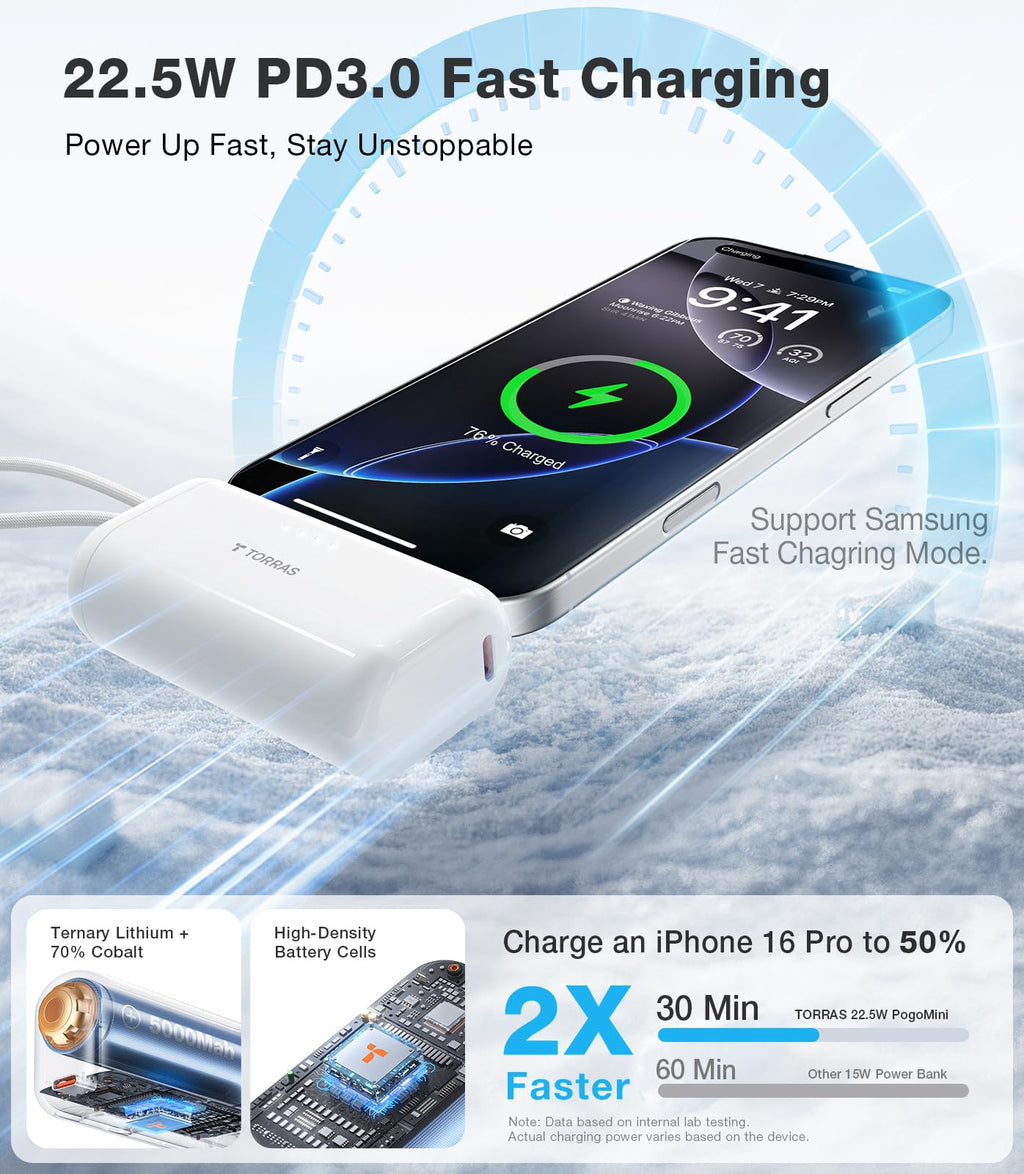 TORRAS MiniMag Power Bank, Ultra Slim 5,000mAh Wireless Portable Charger with USB-C Cable, Fast Charging iPhone Air Magnetic Battery Pack, Compatible for iPhone 17/16/15/14/13/12, Glacier Gray