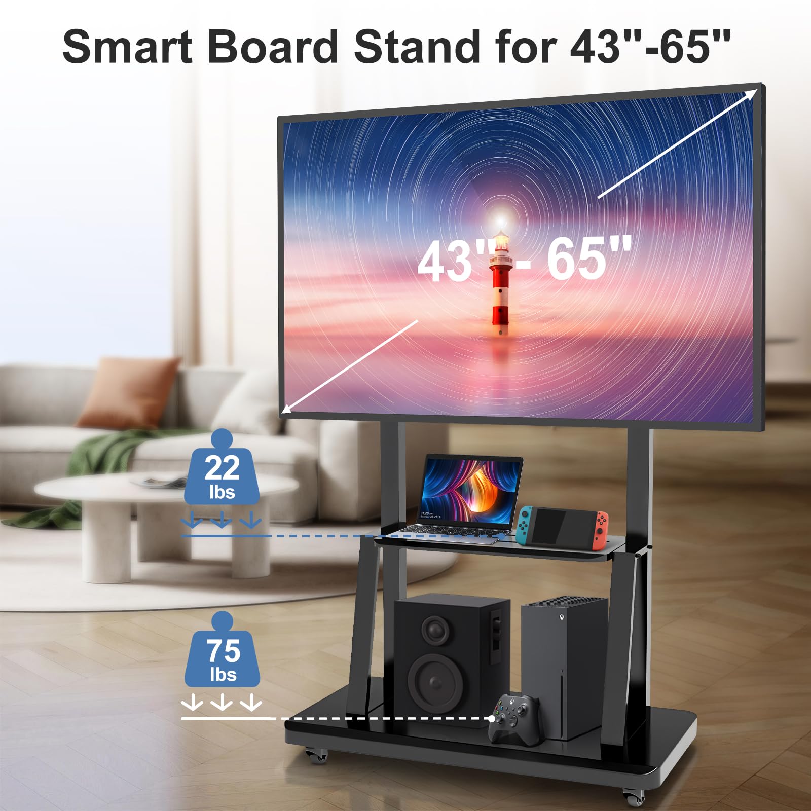 43-65" Height Adjustable Mobile Stand for Smart Boards | with 4 Lockable Wheels & Universal Mount | Versatile Classroom, Home, Office Whiteboard Stand - Heavy-Duty Steel Frame
