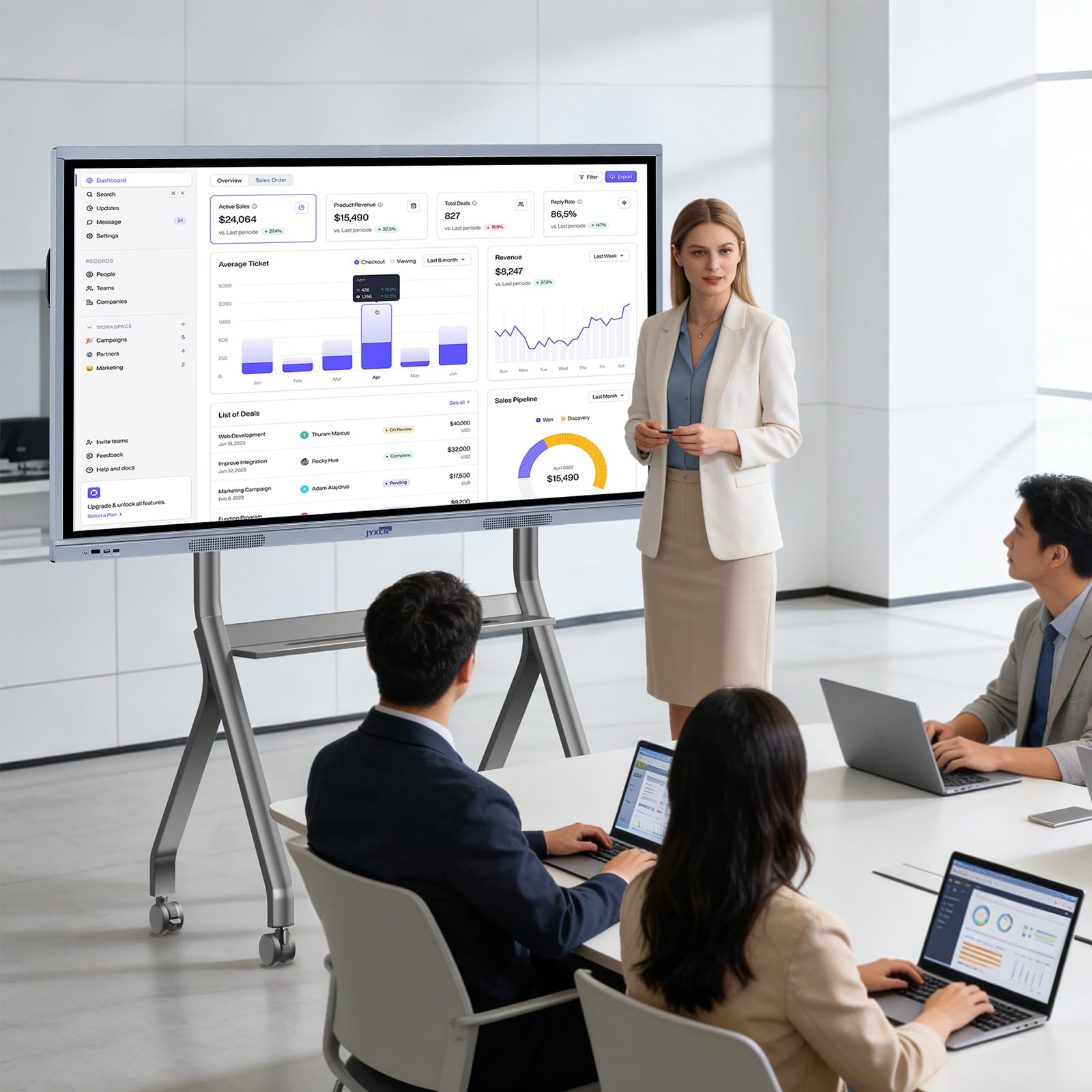 43-65" Height Adjustable Mobile Stand for Smart Boards | with 4 Lockable Wheels & Universal Mount | Versatile Classroom, Home, Office Whiteboard Stand - Heavy-Duty Steel Frame