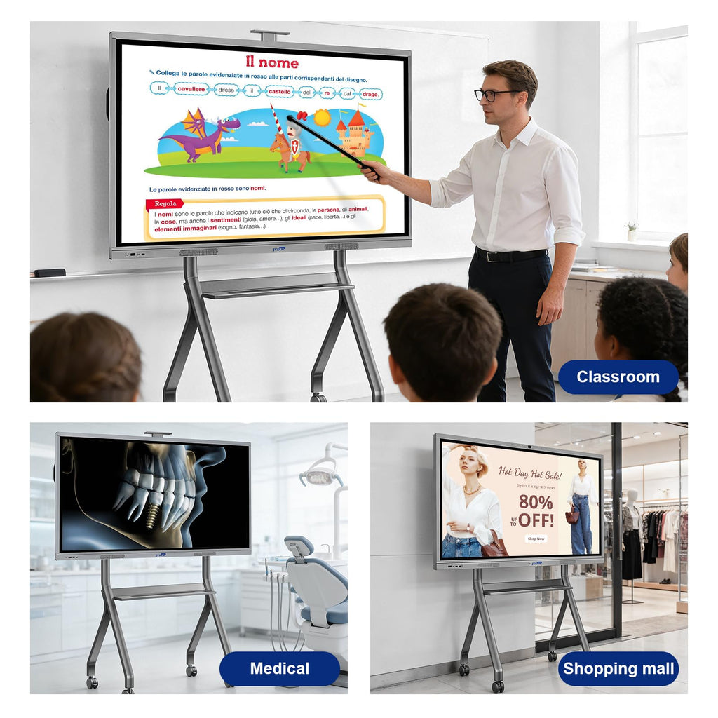 43-65" Height Adjustable Mobile Stand for Smart Boards | with 4 Lockable Wheels & Universal Mount | Versatile Classroom, Home, Office Whiteboard Stand - Heavy-Duty Steel Frame