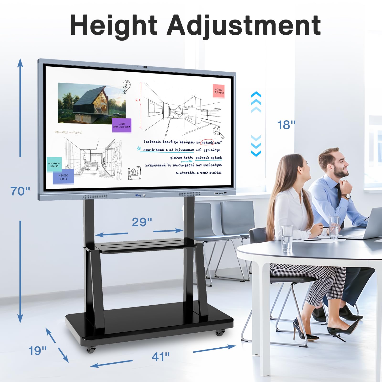 43-65" Height Adjustable Mobile Stand for Smart Boards | with 4 Lockable Wheels & Universal Mount | Versatile Classroom, Home, Office Whiteboard Stand - Heavy-Duty Steel Frame